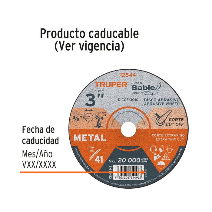 Disco Tipo 41 de 3' x 1 mm corte fino de metal, Sable 12544 DICOF-3010