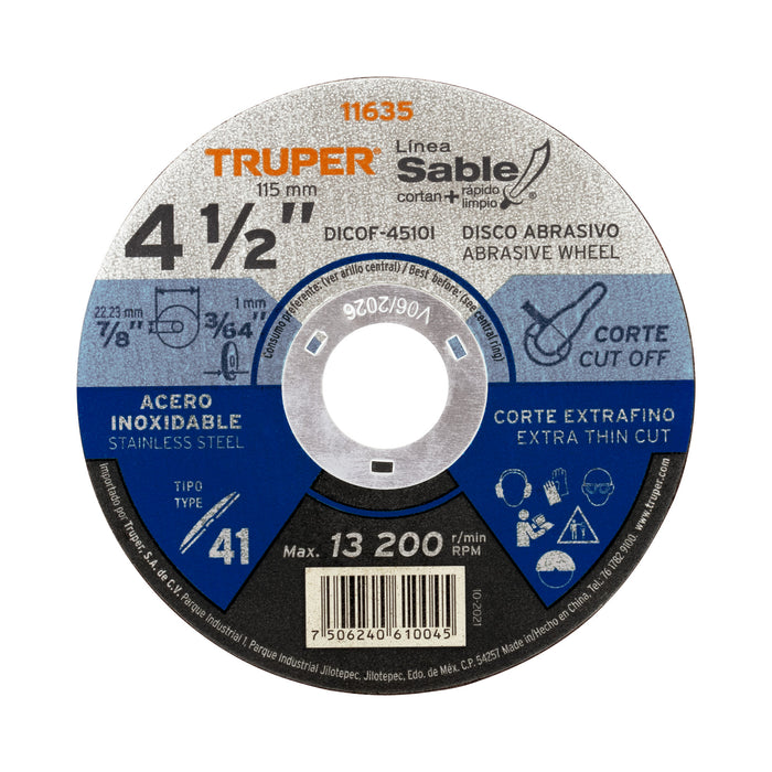 Disco Tipo 41 de 4-1/2' x 1 mm corte fino acero inox, Sable 11635 DICOF-4510I