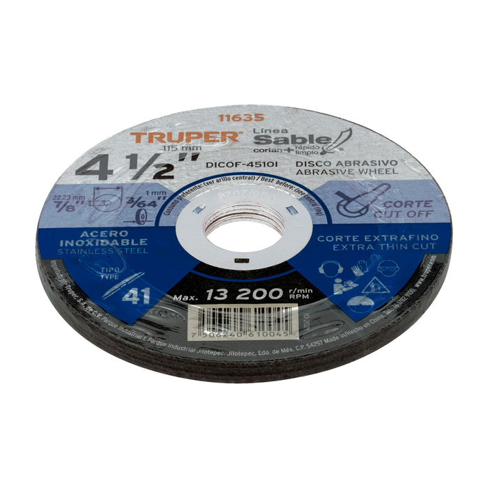 Disco Tipo 41 de 4-1/2' x 1 mm corte fino acero inox, Sable 11635 DICOF-4510I