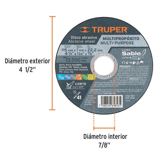 Disco Tipo 41 de 4-1/2' x 1 mm corte multimaterial, Sable Código: 18651