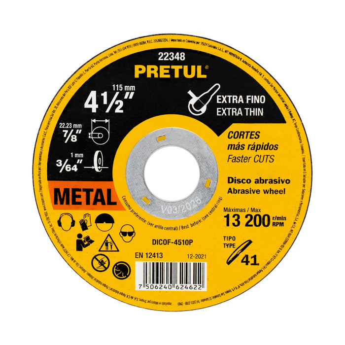 Disco Tipo 41 de 4-1/2' x 1 mm corte fino de metal, Pretul 22348 DICOF-4510P