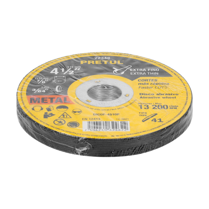 Disco Tipo 41 de 4-1/2' x 1 mm corte fino de metal, Pretul 22348 DICOF-4510P