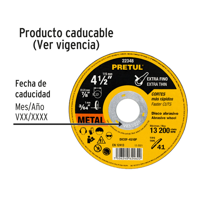 Disco Tipo 41 de 4-1/2' x 1 mm corte fino de metal, Pretul 22348 DICOF-4510P