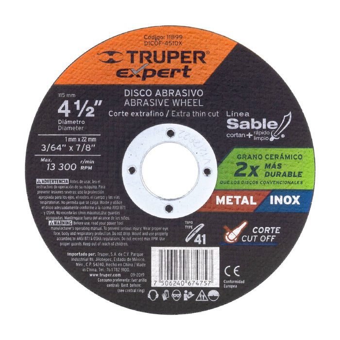 Disco Tipo 41 de 4-1/2' x 1 mm corte fino de metal, Expert 11899 DICOF-4510X