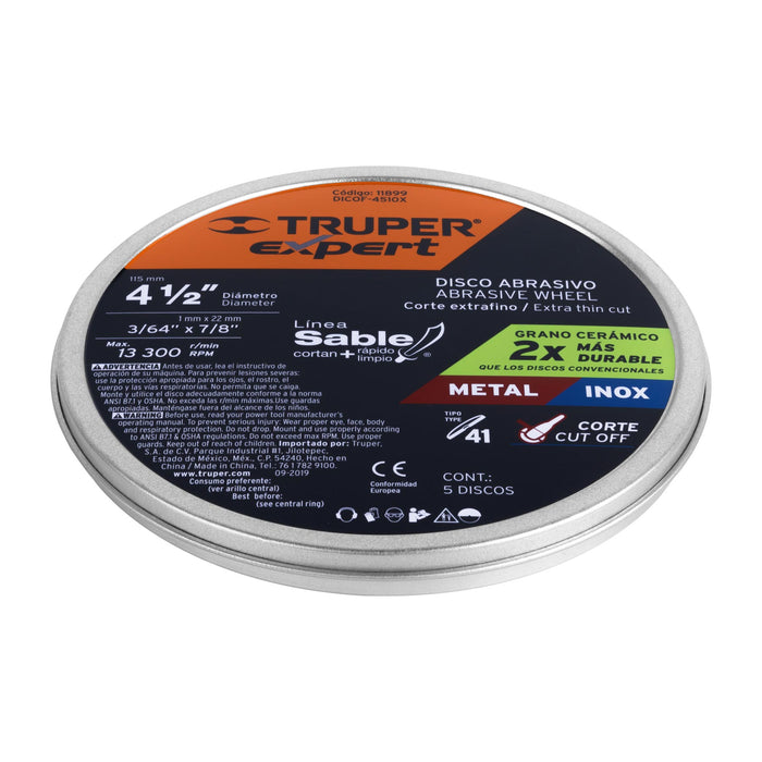 Disco Tipo 41 de 4-1/2' x 1 mm corte fino de metal, Sable 12545 DICOF-4510