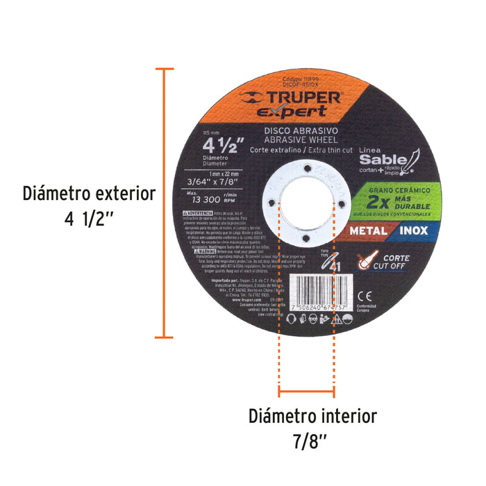 Disco Tipo 41 de 4-1/2' x 1 mm corte fino de metal, Expert 11899 DICOF-4510X