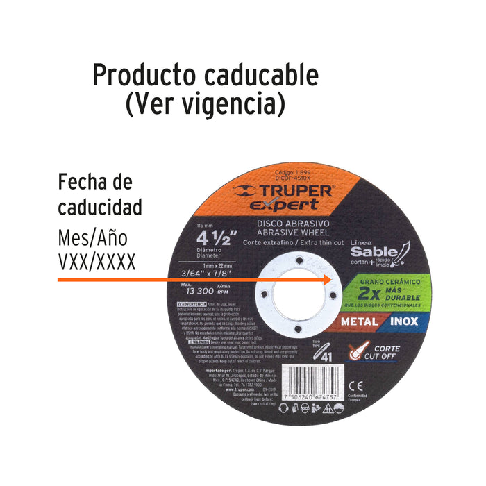 Disco Tipo 41 de 4-1/2' x 1 mm corte fino de metal, Expert 11899 DICOF-4510X