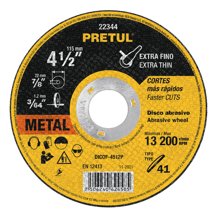 Disco Tipo 41 de 4-1/2' x 1.2 mm corte fino de metal, Pretul 22344 DICOF-4512P