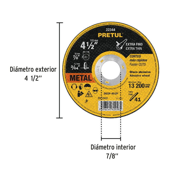 Disco Tipo 41 de 4-1/2' x 1.2 mm corte fino de metal, Pretul 22344 DICOF-4512P