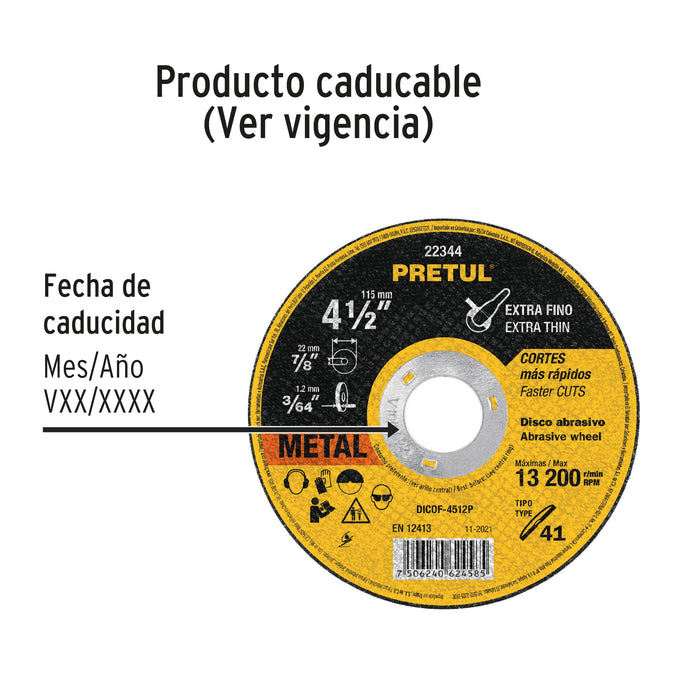 Disco Tipo 41 de 4-1/2' x 1.2 mm corte fino de metal, Sable 11584 DICOF-4512