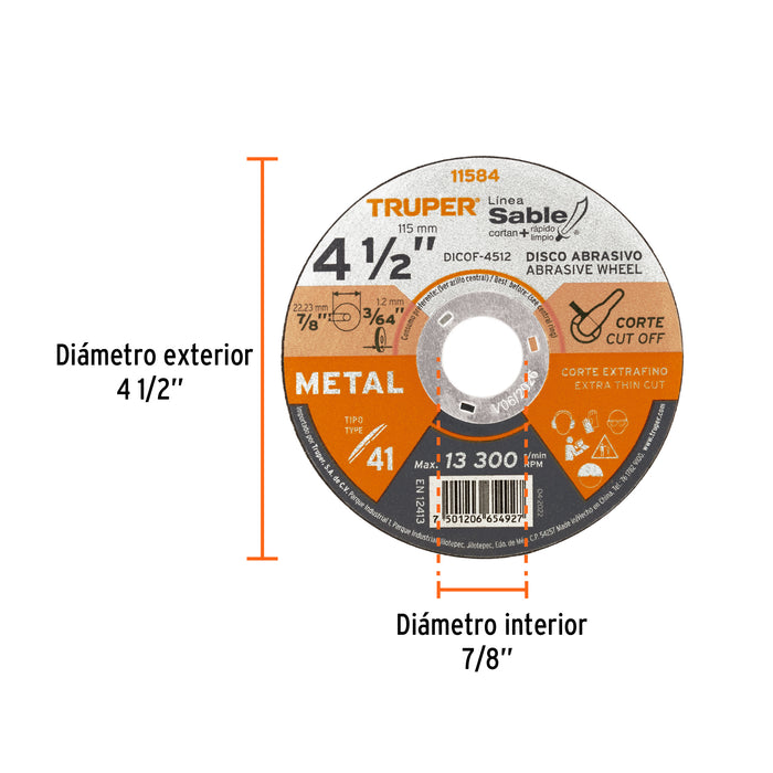 Disco Tipo 41 de 4-1/2' x 1.2 mm corte fino de metal, Sable 11584 DICOF-4512