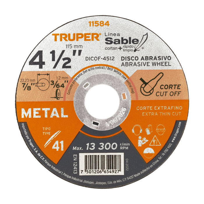 Disco Tipo 41 de 4-1/2' x 1.2 mm corte fino de metal, Sable 11584 DICOF-4512