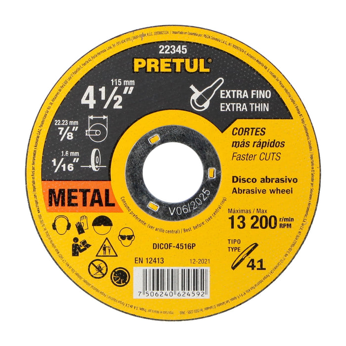 Disco Tipo 41 de 4-1/2' x 1.6 mm corte fino de metal, Pretul 22345 DICOF-4516P