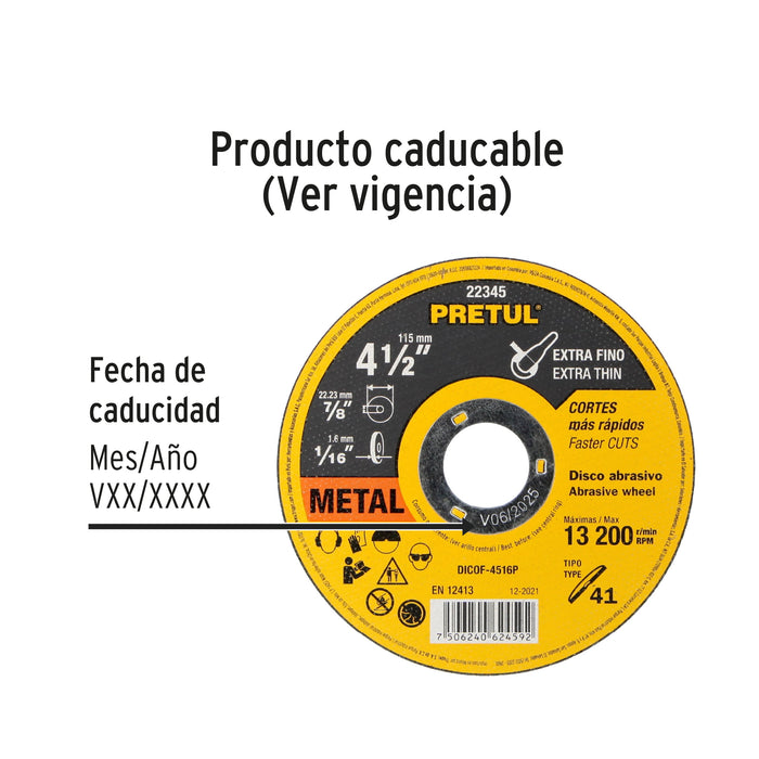 Disco Tipo 41 de 4-1/2' x 1.6 mm corte fino de metal, Pretul 22345 DICOF-4516P