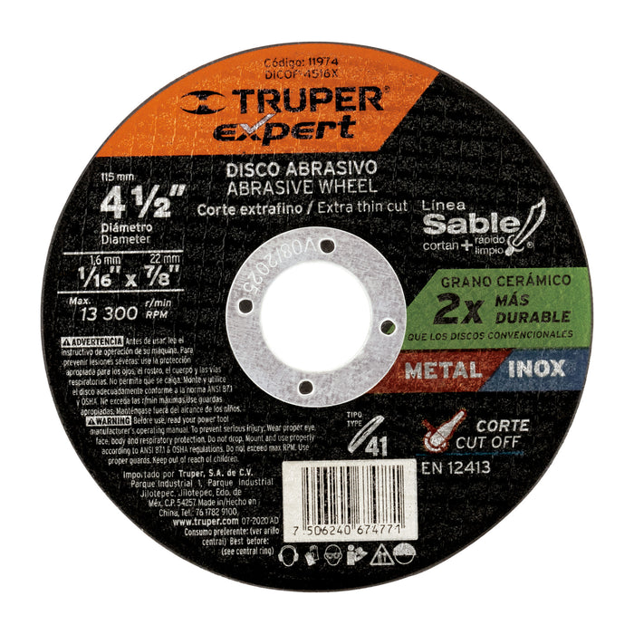 Disco Tipo 41 de 4-1/2' x 1.6 mm corte fino de metal, Expert 11974 DICOF-4516X
