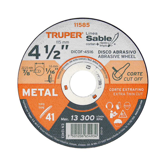Disco Tipo 41 de 4-1/2' x 1.6 mm corte fino de metal, Sable 11585 DICOF-4516