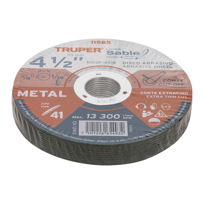 Disco Tipo 41 de 4-1/2' x 1.6 mm corte fino de metal, Sable 11585 DICOF-4516