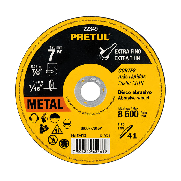 Disco Tipo 41 de 7' x 1.5 mm corte fino de metal, Pretul 22349 DICOF-7015P
