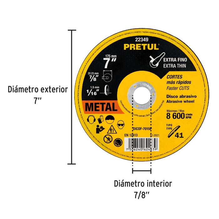 Disco Tipo 41 de 7' x 1.5 mm corte fino de metal, Pretul 22349 DICOF-7015P