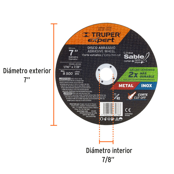 Disco Tipo 41 de 7' x 1.5 mm corte fino de metal, Expert 11998 DICOF-7015X