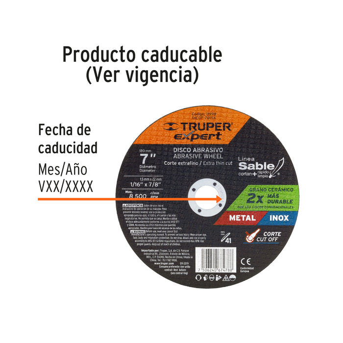Disco Tipo 41 de 7' x 1.5 mm corte fino de metal, Expert 11998 DICOF-7015X