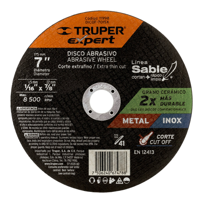 Disco Tipo 41 de 7' x 1.5 mm corte fino de metal, Expert 11998 DICOF-7015X