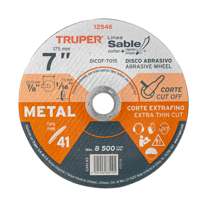 Disco Tipo 41 de 7' x 1.5 mm corte fino de metal, Sable 12546 DICOF-7015