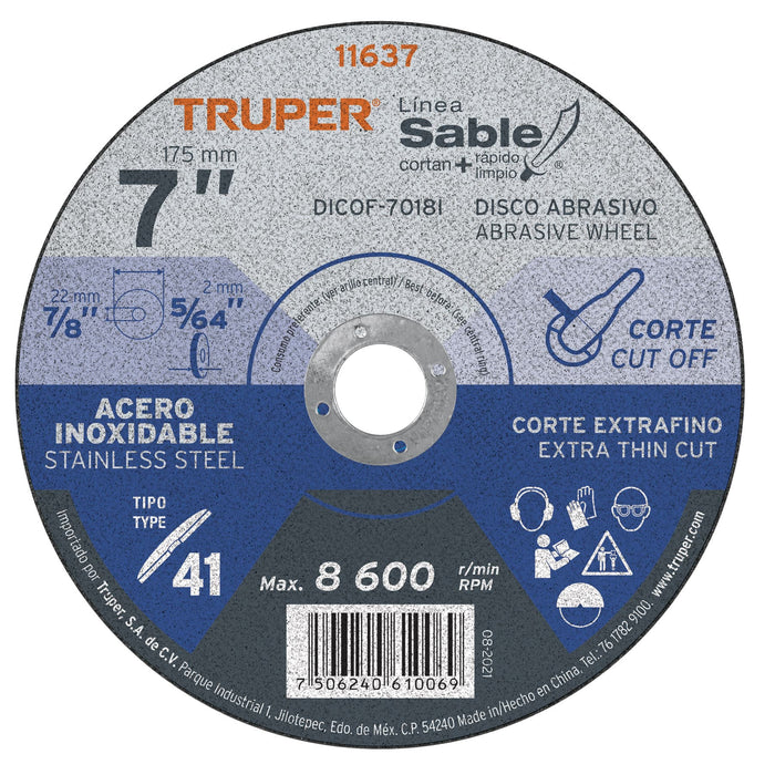 Disco Tipo 41 de 7' x 1.8 mm corte fino acero inox, Sable 11637 DICOF-7018I