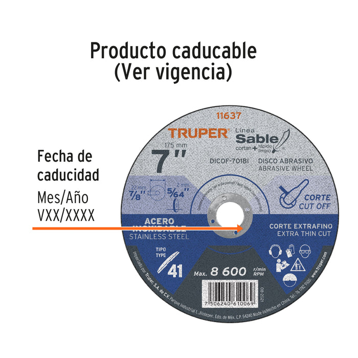 Disco Tipo 41 de 7' x 1.8 mm corte fino acero inox, Sable 11637 DICOF-7018I