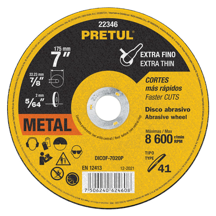 Disco Tipo 41 de 7' x 2 mm corte fino de metal, Pretul 22346 DICOF-7020P