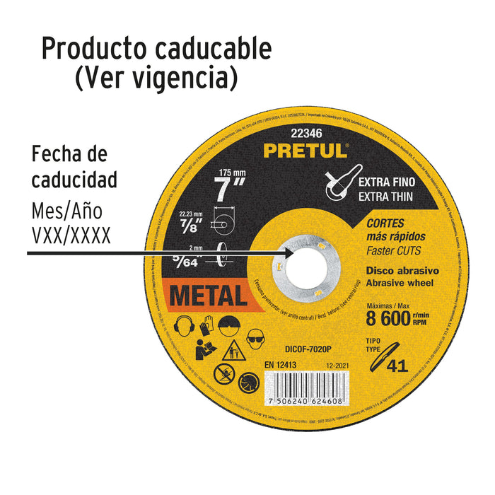 Disco Tipo 41 de 7' x 2 mm corte fino de metal, Pretul 22346 DICOF-7020P