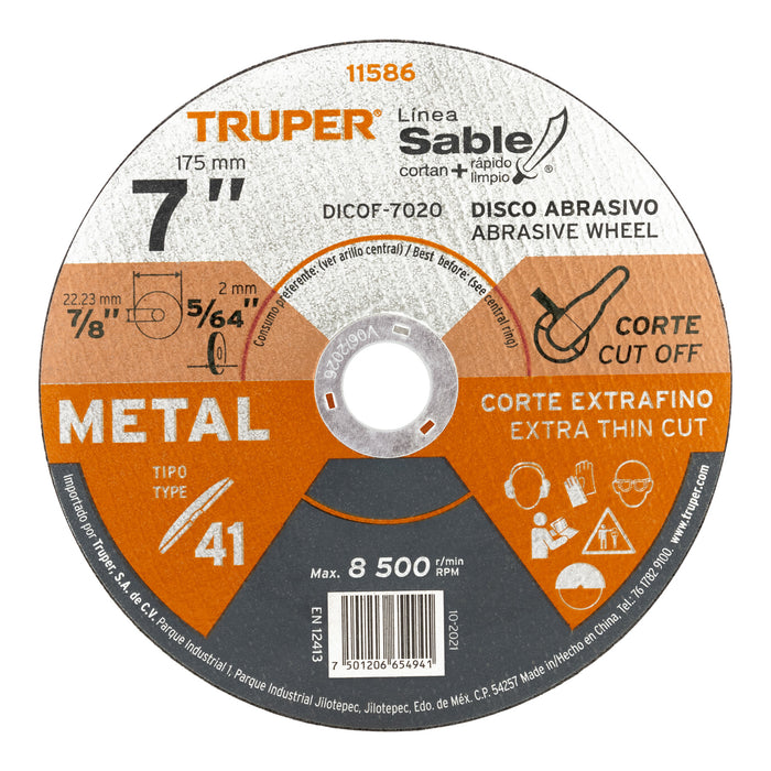 Disco Tipo 41 de 7' x 2 mm corte fino de metal, Sable 11586 DICOF-7020
