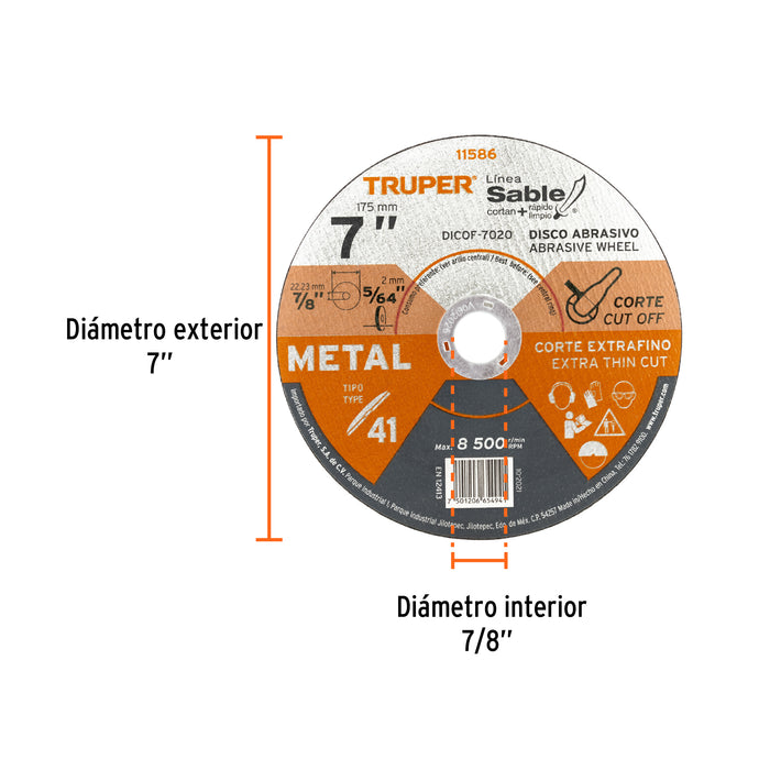 Disco Tipo 41 de 7' x 2 mm corte fino de metal, Sable 11586 DICOF-7020