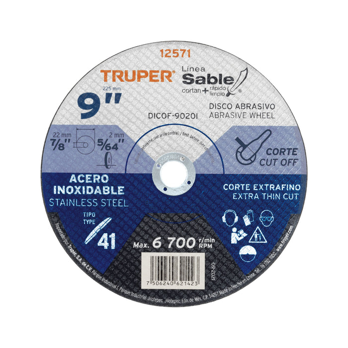 Disco Tipo 41 de 9' x 2 mm corte fino acero inox, Sable 12571 DICOF-9020I