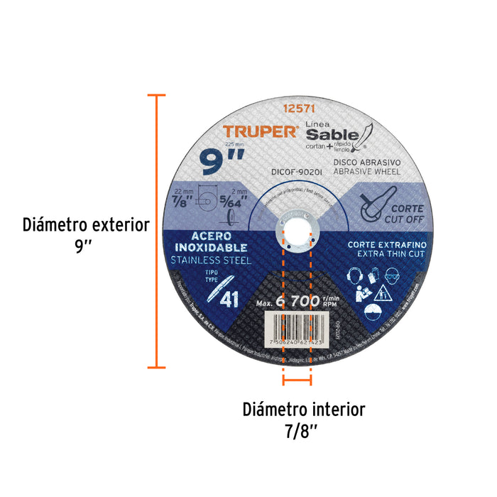Disco Tipo 41 de 9' x 2 mm corte fino acero inox, Sable 12571 DICOF-9020I