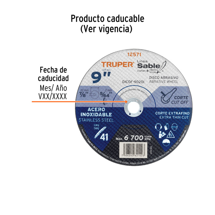 Disco Tipo 41 de 9' x 2 mm corte fino acero inox, Sable 12571 DICOF-9020I