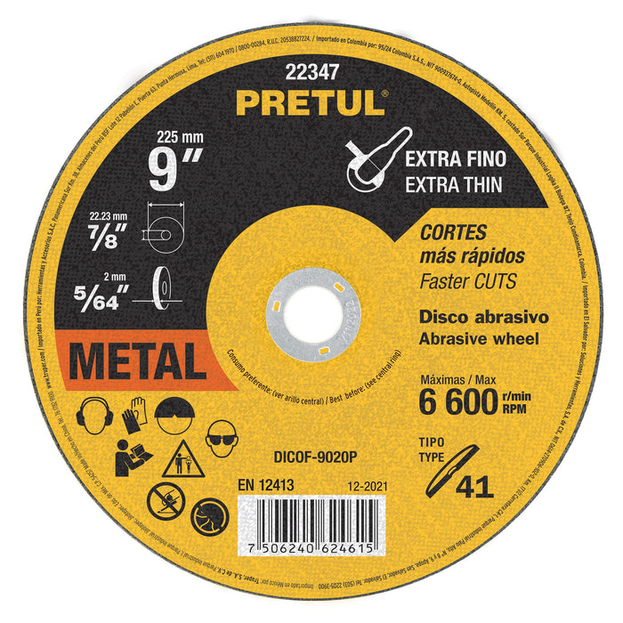 Disco Tipo 41 de 9' x 2 mm corte fino de metal, Pretul 22347 DICOF-9020P