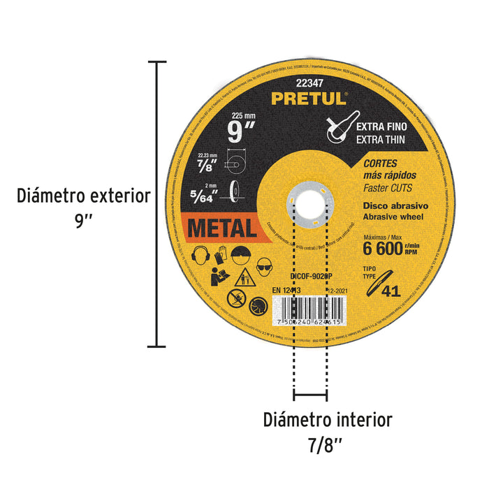 Disco Tipo 41 de 9' x 2 mm corte fino de metal, Pretul 22347 DICOF-9020P