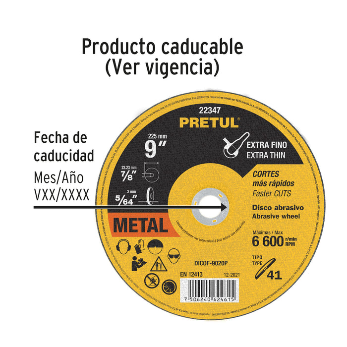 Disco Tipo 41 de 9' x 2 mm corte fino de metal, Pretul 22347 DICOF-9020P