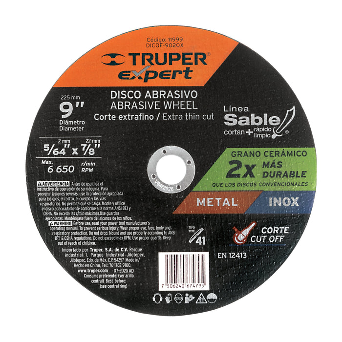 Disco Tipo 41 de 9' x 2 mm corte fino de metal, Expert 11999 DICOF-9020X