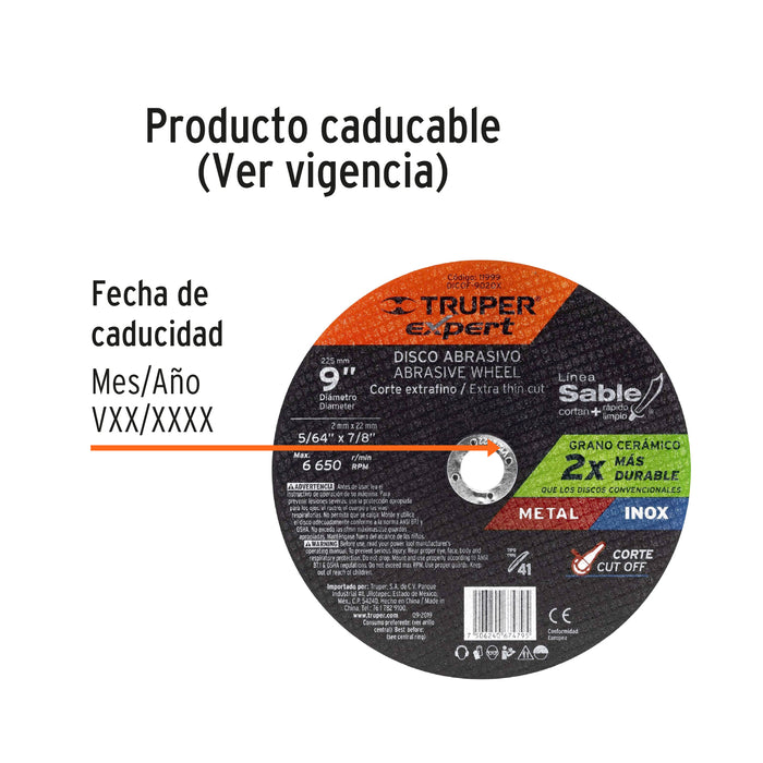 Disco Tipo 41 de 9' x 2 mm corte fino de metal, Expert 11999 DICOF-9020X