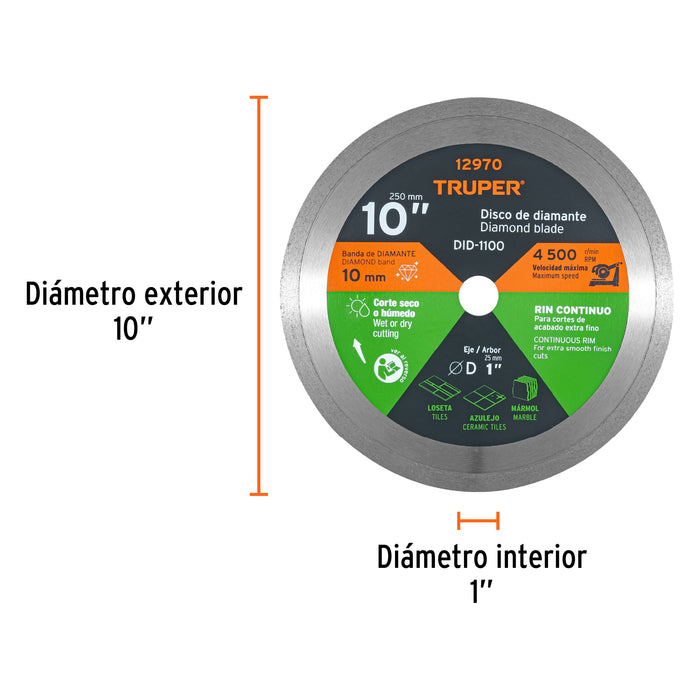Disco de diamante de 10' x 2.2 mm rin continuo, Truper 12970 DID-1100
