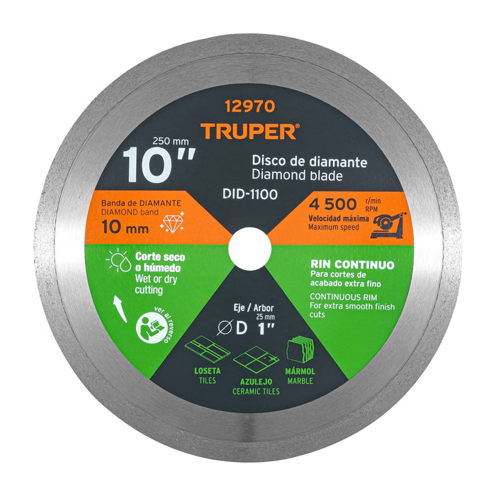 Disco de diamante de 10' x 2.2 mm rin continuo, Truper 12970 DID-1100