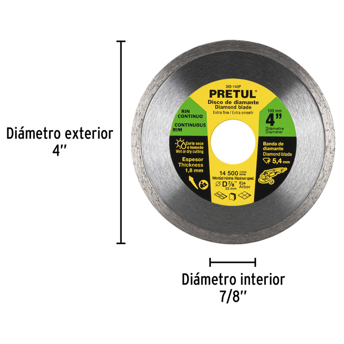 Disco de diamante de 4' x 1.8 mm rin continuo, Pretul 21001 DID-140P