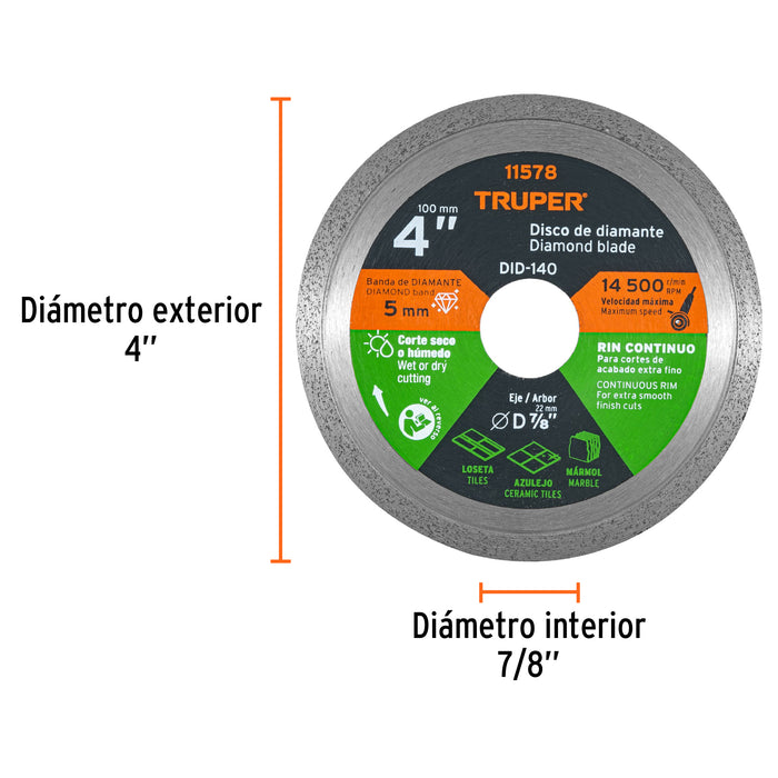 Disco de diamante de 4' x 1.6 mm rin continuo, Truper 11578 DID-140