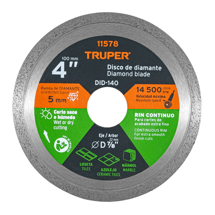 Disco de diamante de 4' x 1.6 mm rin continuo, Truper 11578 DID-140