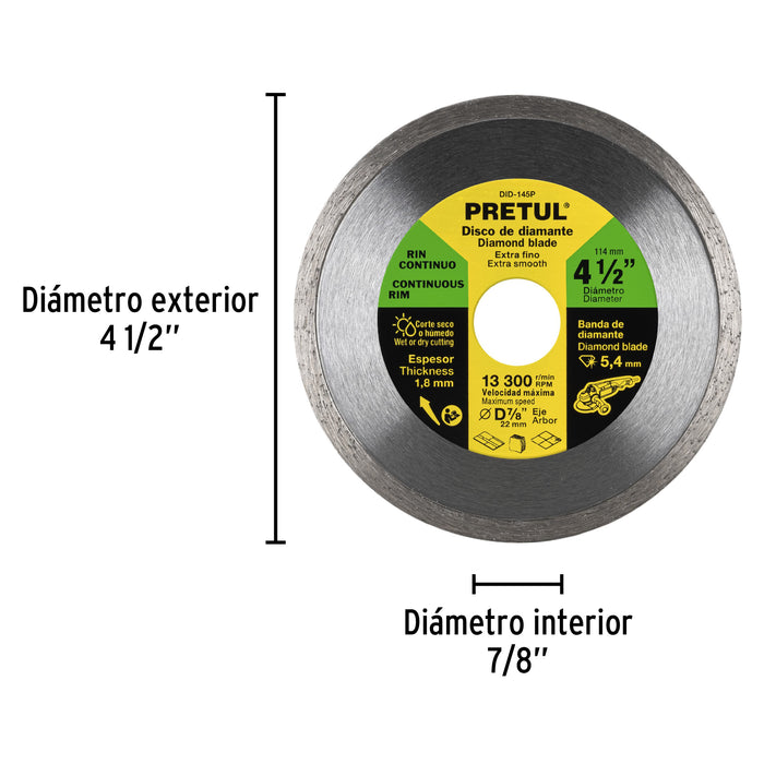 Disco de diamante de 4-1/2' x 1.8 mm rin continuo, Pretul 21009 DID-145P