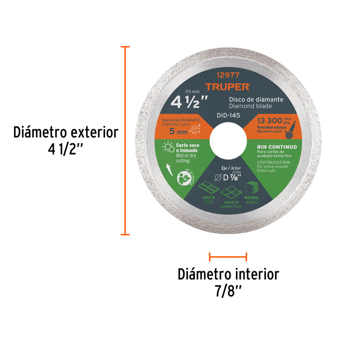 Disco de diamante de 4-1/2' x 1.6 mm rin continuo, Truper 12977 DID-145