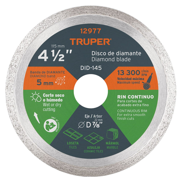 Disco de diamante de 4-1/2' x 1.6 mm rin continuo, Truper 12977 DID-145