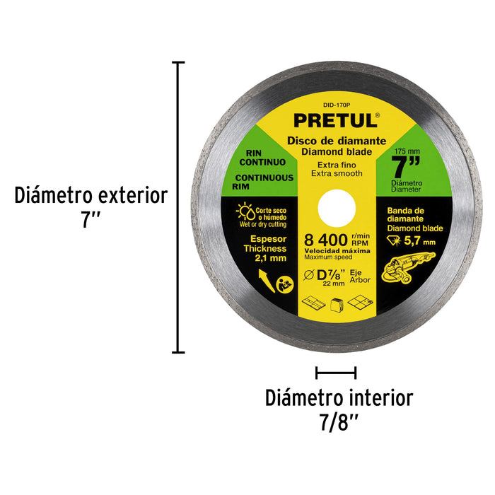 Disco de diamante de 7' x 2.1 mm rin continuo, Pretul 21000 DID-170P